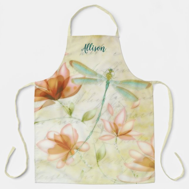 Rosa Blume und personalisierte Schürze der Libelle (Vorderseite)