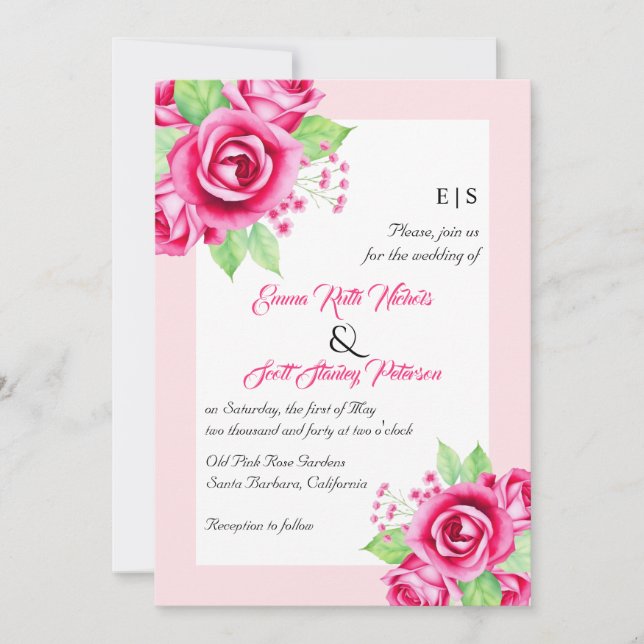 Rosa Blume und QR-Code Blumenhochzeit Einladung (Vorderseite)