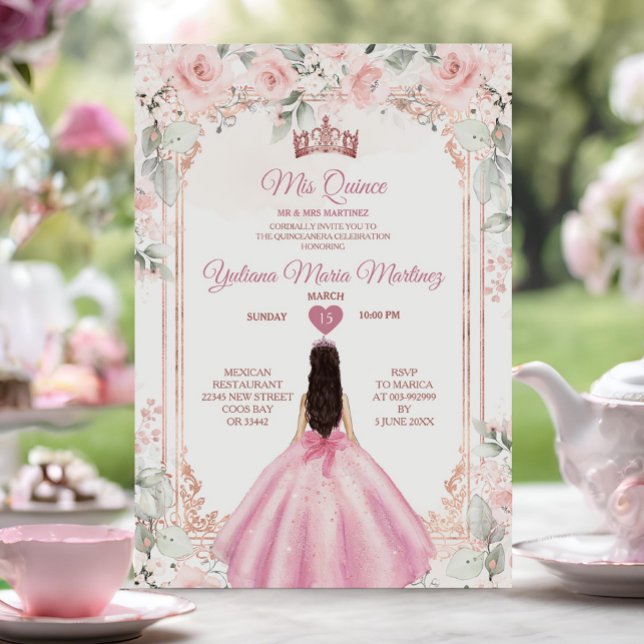 Rosa Blume und Rose Gold Crown Mis Quince Einladung (Von Creator hochgeladen)