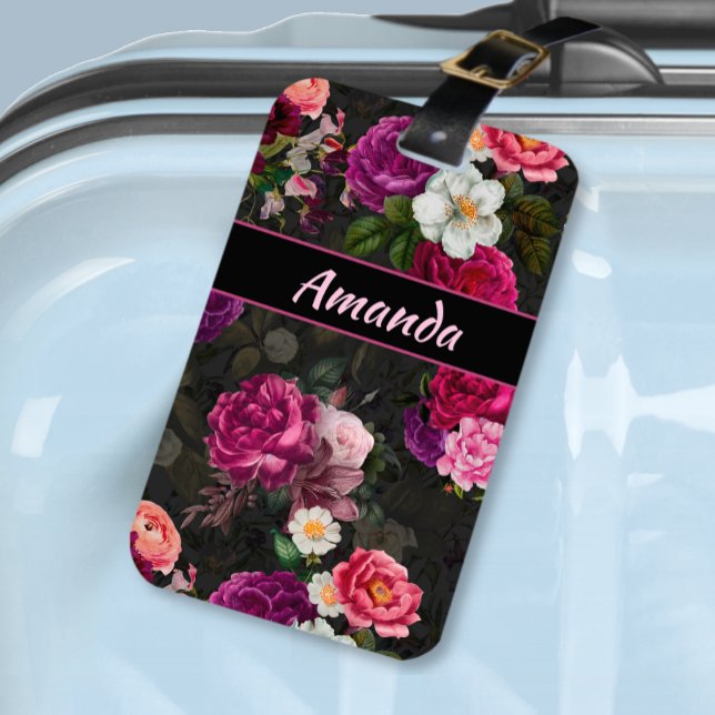 Rosa Blume und Rose, schwarz Gepäckanhänger (Von Creator hochgeladen)