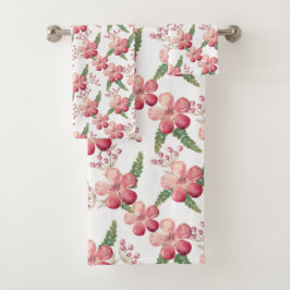 Rosa Blume und Rote Bereren Grüne Blätter Badhandtuch Set