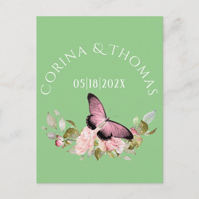 Rosa Blume und Schmetterling auf der Grünen Hochze Postkarte (Vorderseite)