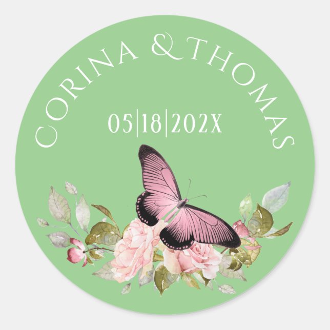 Rosa Blume und Schmetterling auf der Grünen Hochze Runder Aufkleber (Vorderseite)