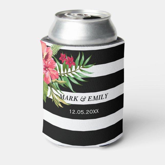 Rosa Blume und Schwarz-weiße Streifen Dosenkühler (Kanne Rückseite)