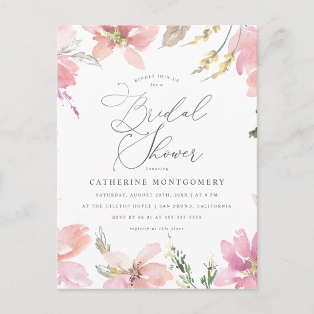 Rosa Blume und Silver-Script-Brautparty Einladungspostkarte (Vorderseite)