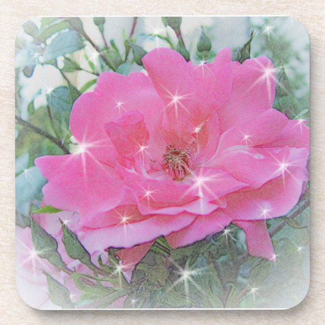 Rosa Blume und Sterne Getränkeuntersetzer (Vorderseite)