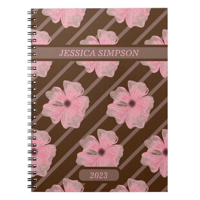 Rosa Blume und Streifen Personalisiertes Notebook Notizblock (Vorderseite)