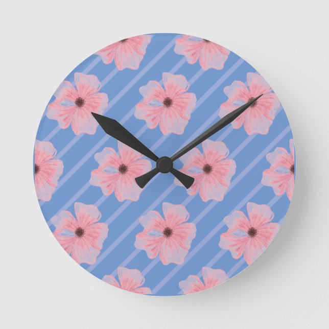 Rosa Blume und Streifen, Wandklemme Runde Wanduhr (Vorderseite)