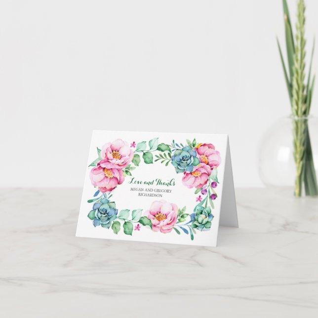 Rosa Blume und Succules elegante Dankbarkeit Dankeskarte (Vorderseite)