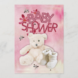 Rosa Blume und Teddybär Babydusche Einladung