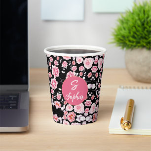 Rosa Blume Vintages Muster Custom Monogram Pappbecher