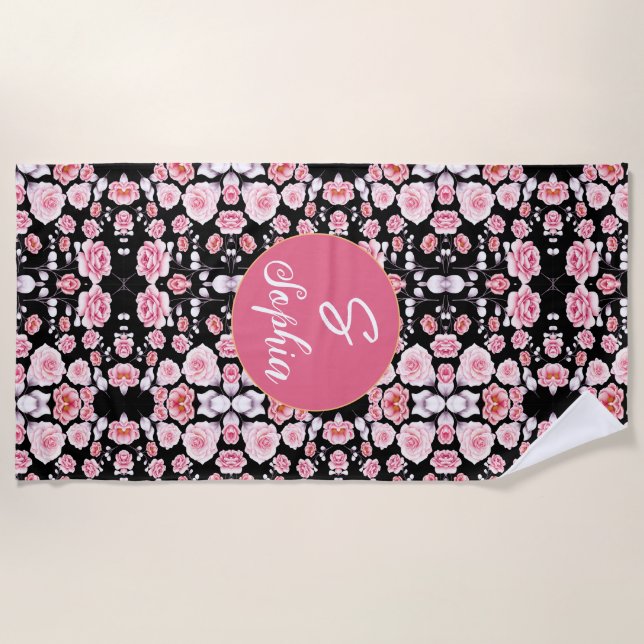 Rosa Blume Vintages Muster | Custom Monogram Strandtuch (Vorderseite)