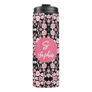 Rosa Blume Vintages Muster Custom Monogram Thermosbecher