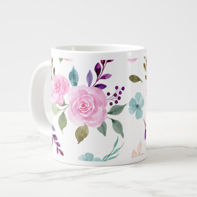 Rosa Blume Wasserfarbe nahtlos Jumbo-Tasse (Vorderseite Links)