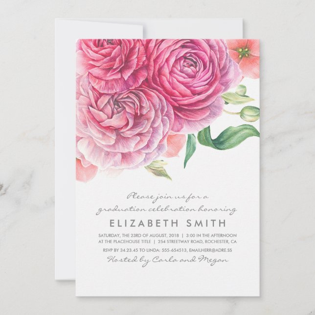 Rosa Blume Wasserfarben Elegante Moderne Abschluss Einladung (Vorderseite)