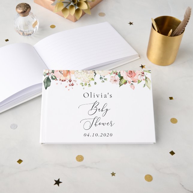 Rosa Blume, weiße Blume, Boho, Babydusche Gästebuch (Vorderseite Offen)