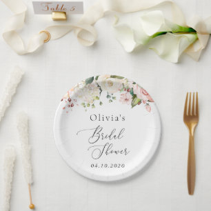 Rosa Blume, weiße Blume, Boho, Brautparty Pappteller