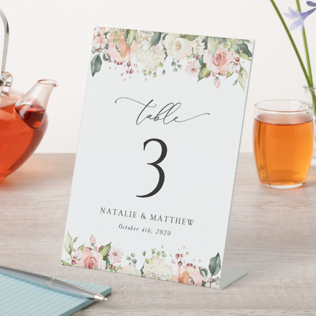 Rosa Blume, weiße Blume, Boho, Tischnummern Sockelschild (In Situ)