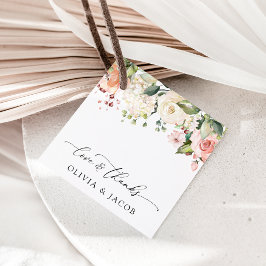 Rosa Blume, weiße Blume, Grünpflanzen, Hochzeit Geschenkanhänger