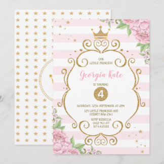 Rosa Blumen1. Geburtstag Party Goldkronprinzessin- Einladung
