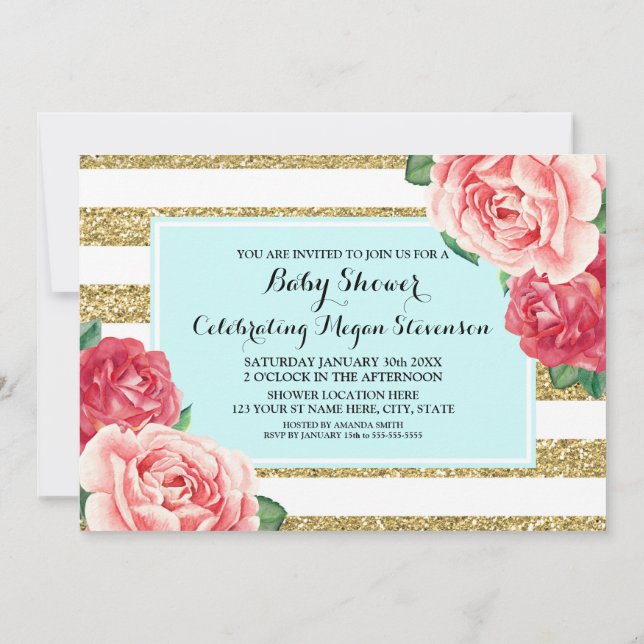 Rosa Blumen-Aqua-Gold Stripes Baby-Dusche Einladung (Rückseite)