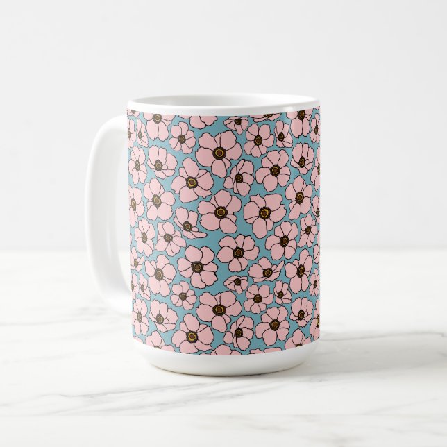 Rosa Blumen auf Blau   Kaffeetasse (Vorderseite Links)