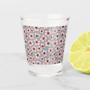Rosa Blumen auf Blau Schnapsglas