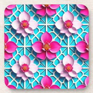 Rosa Blumen auf blauem geometrischem Hintergrund Getränkeuntersetzer