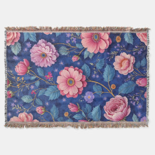 Rosa Blumen auf lebhaftem blauem Muster Decke