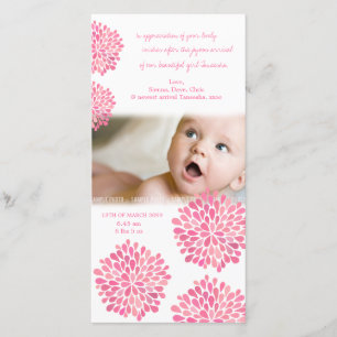 Rosa Blumen-Baby-Geburt danken Ihnen Foto-Karte Dankeskarte