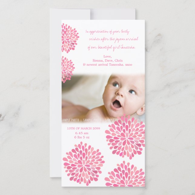 Rosa Blumen-Baby-Geburt danken Ihnen Foto-Karte Dankeskarte (Vorderseite)