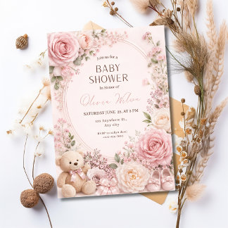Rosa Blumen-Baby-Shower-Einladung für Mädchen Einladung