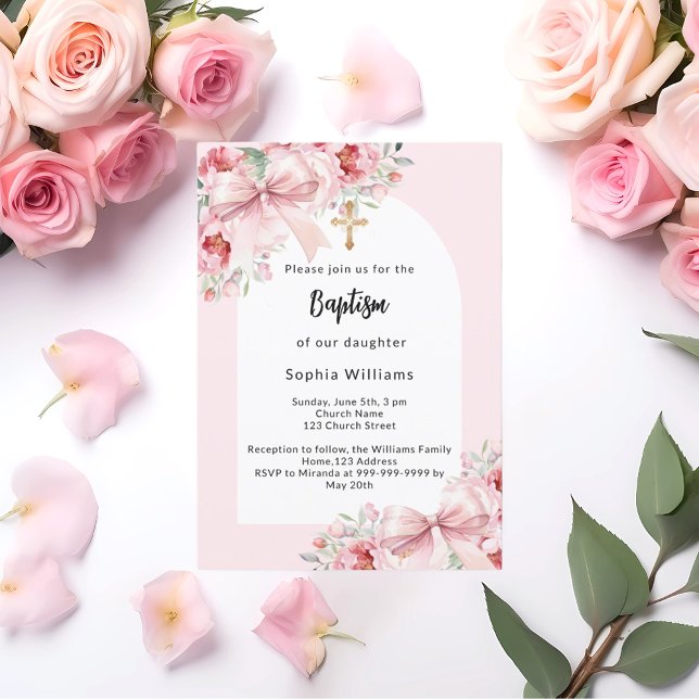 Rosa Blumen Bogen Gold Cross Girl Taufe Einladung (Von Creator hochgeladen)