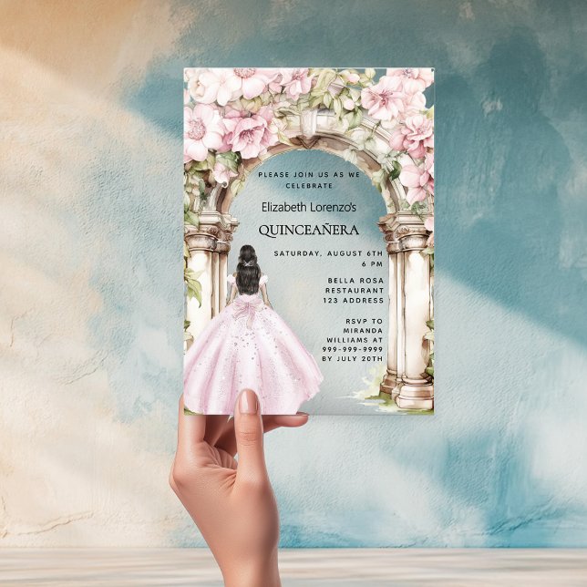 Rosa Blumen Bogen Kleid klar Quinceanera Acryleinladungen (Von Creator hochgeladen)
