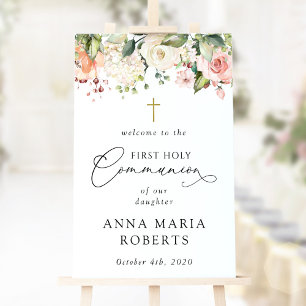 Rosa Blumen, Boho, Willkommen zur Erstkommunion Poster
