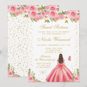 Rosa Blumen Braunhaarige Haar Prinzessin Sweet Six Einladung