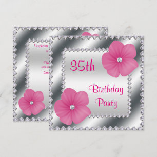 Rosa Blumen & Diamanten 35. Geburtstag Einladung