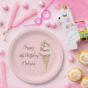 Rosa Blumen Eiscreme-Geburtstag Hier ist der Clou Pappteller