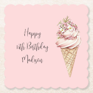 Rosa Blumen Eiscreme-Geburtstag Hier ist der Clou Untersetzer