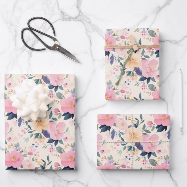 Rosa Blumen Elegantes Flora und Fauna Geschenkpapier Set (Vorderseite)