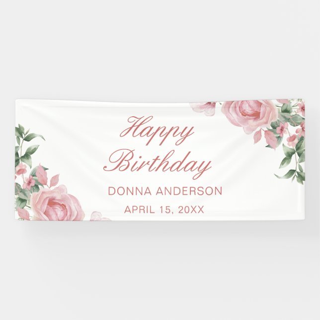 Rosa Blumen Geburtstagsfeier Teller Banner (Horizontal)