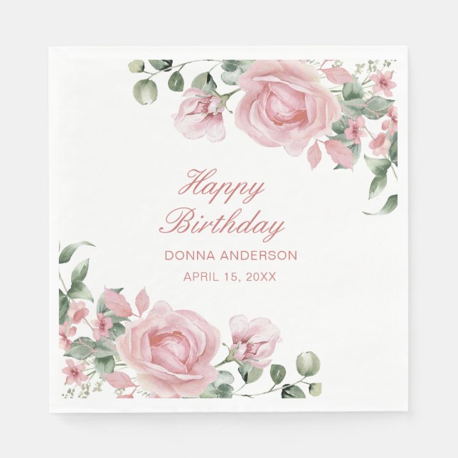 Rosa Blumen Geburtstagsfeier Teller Serviette (Vorderseite)