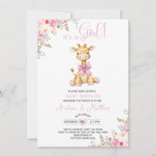 Rosa Blumen-Giraffen-Mädchen-Baby-Shower-Einladung Einladung