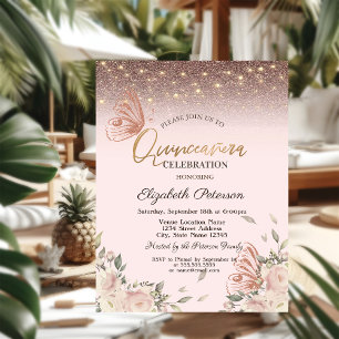 Rosa Blumen Glitzernde Schmetterlinge Quinceañera Einladung
