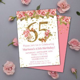 Rosa Blumen Gold Glitter 65. Geburtstagsfeier Einladung