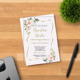 Rosa Blumen Gold Spanische Nuestra Boda Kalligrafi Acryleinladungen