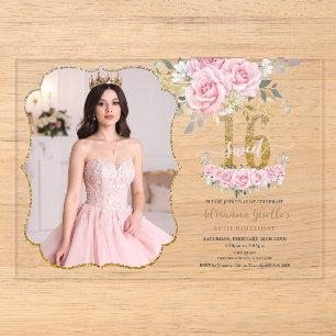 Rosa Blumen Gold Sweet Sixteen 16. Geburtstag Foto Acryleinladungen