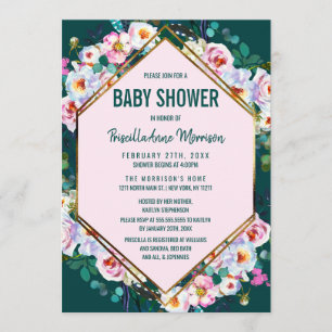 Rosa Blumen-Goldordnungs-Smaragdjade-Baby-Dusche Einladung