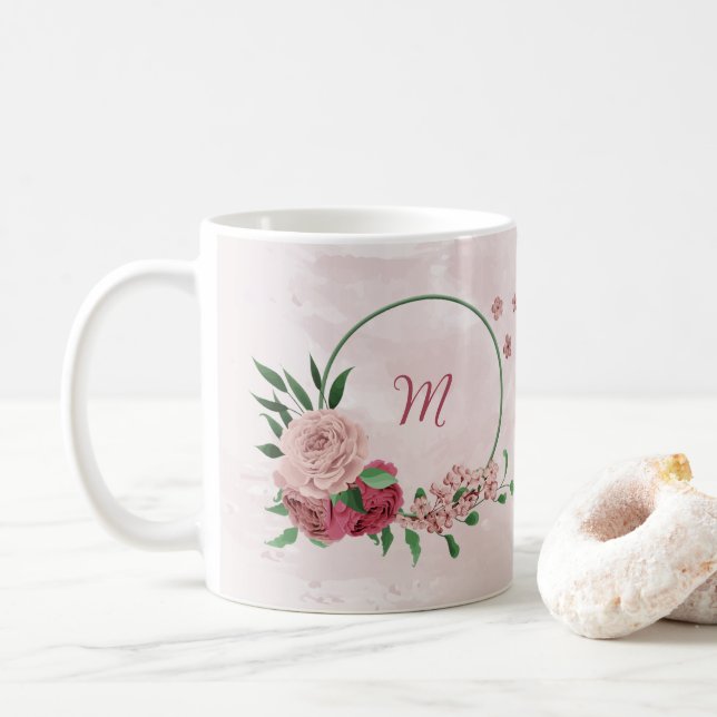 rosa Blumen grüne Blätter  Kaffeetasse (Mit Donut)