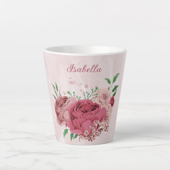 rosa Blumen grüne Blätter  Milchtasse (Vorderseite)